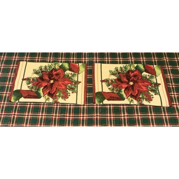 Christmas tapestry Linens 4 Placematt  1 Runner 1 tablecloth poinsettia plaid - Picture 4 of 16